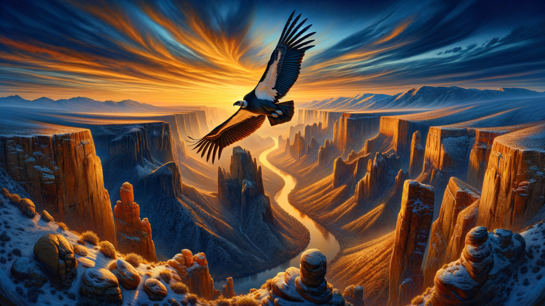 Eagle Soaring Over Canyon at Sunrise with River Below