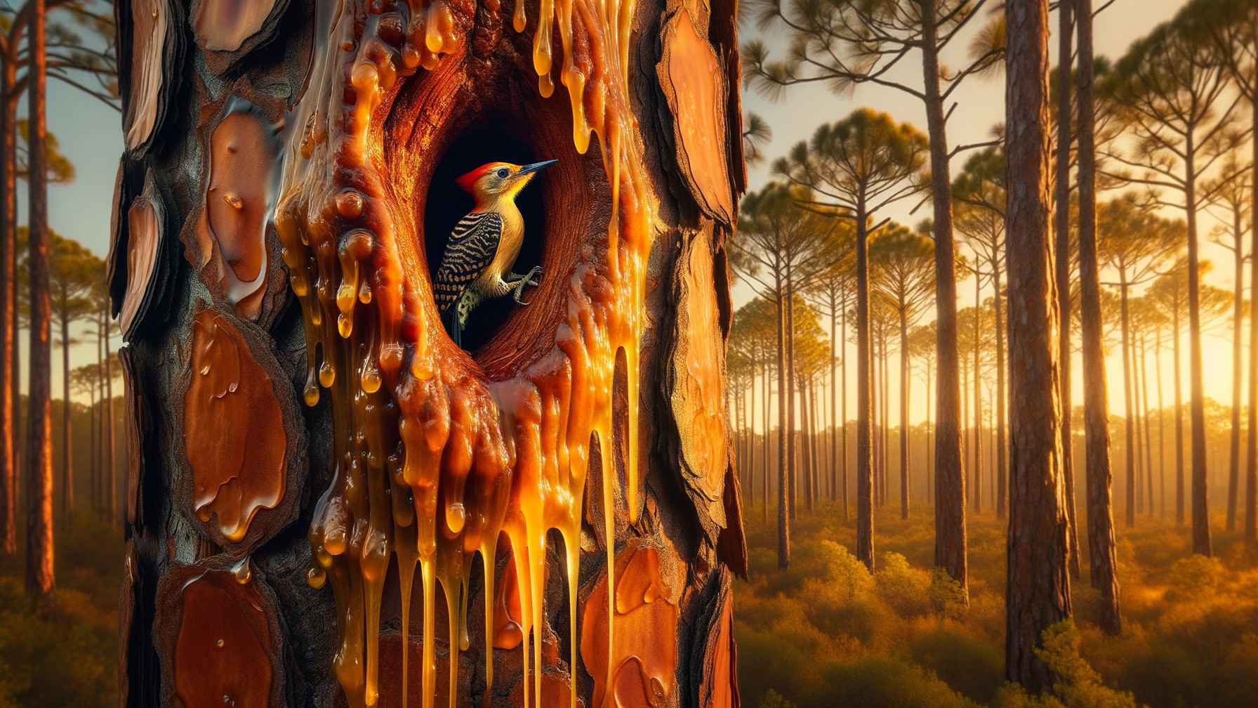 Vibrant forest scene with tree and woodpecker at dawn