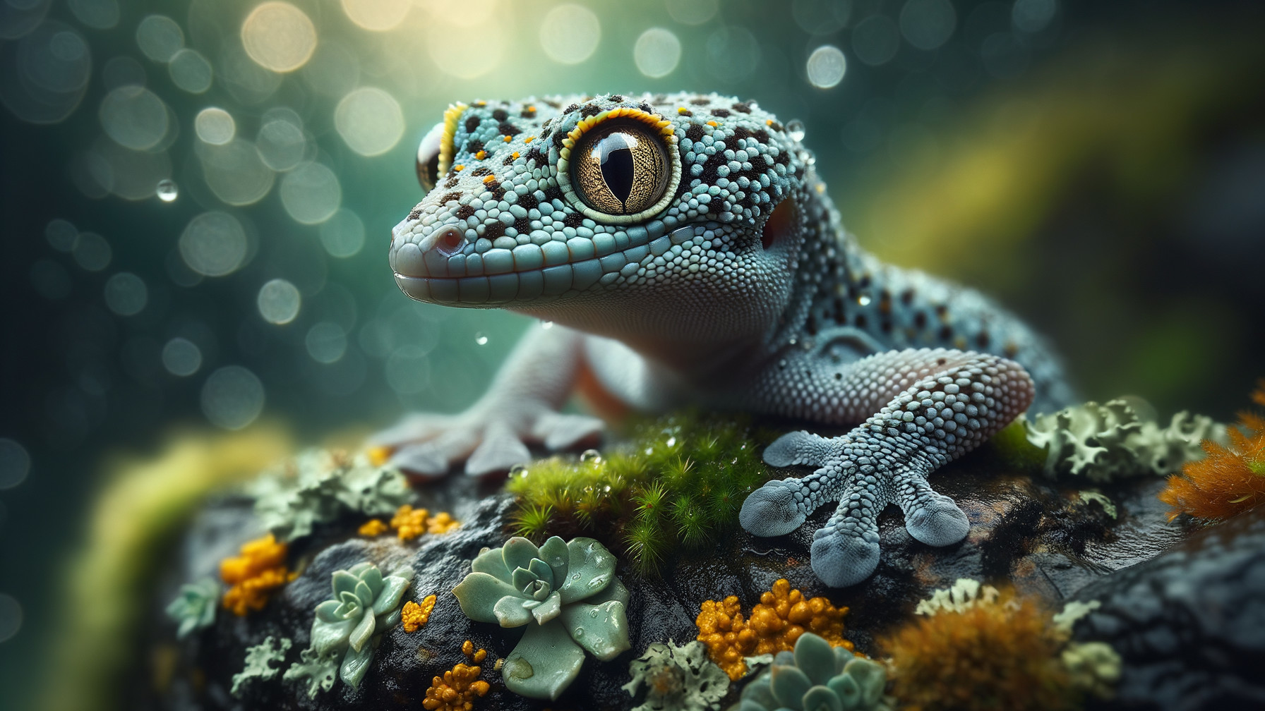 Vibrant Gecko on Moss-Covered Log in Lush Setting