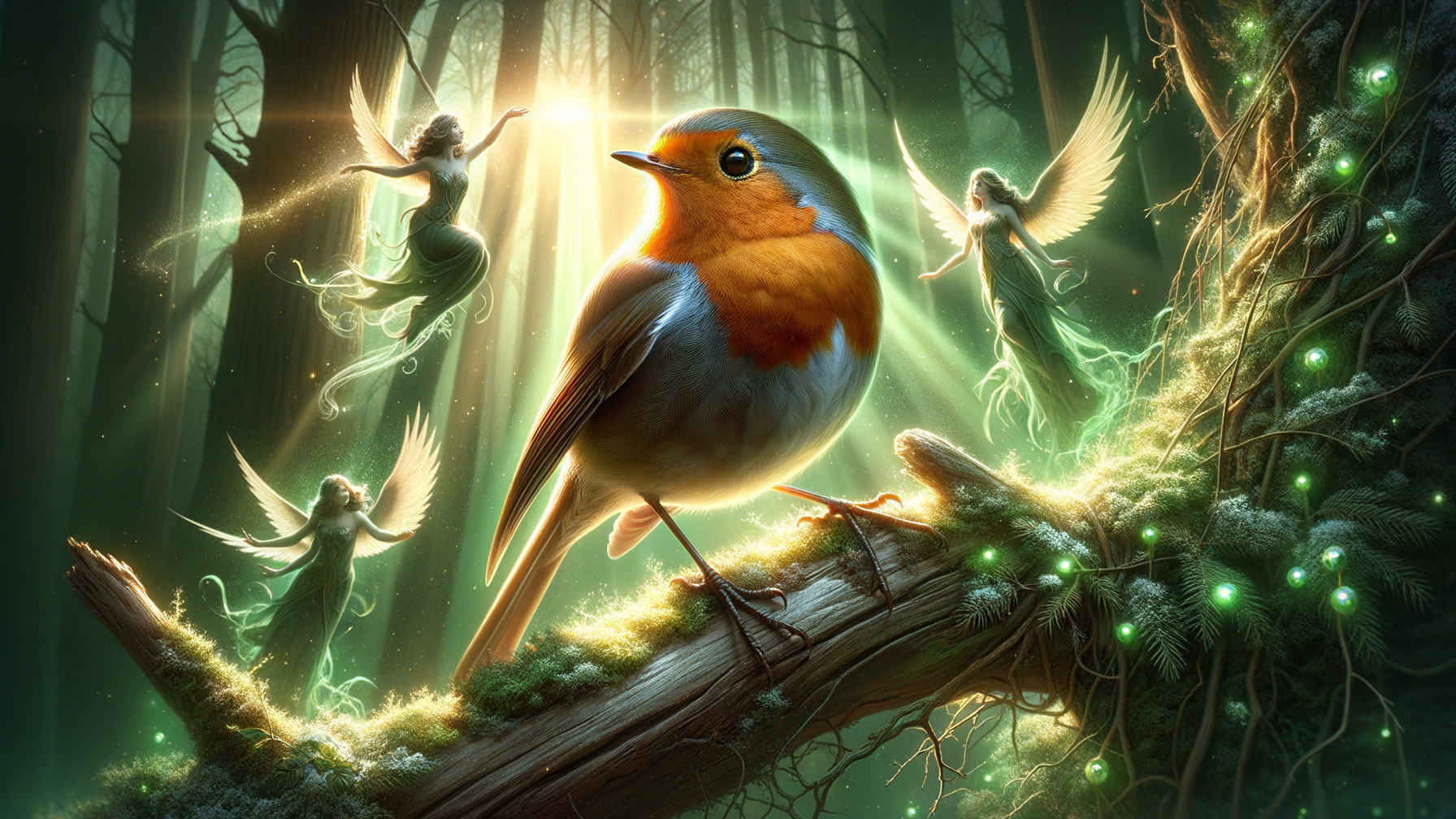 Mystical forest scene with fairies and vibrant bird