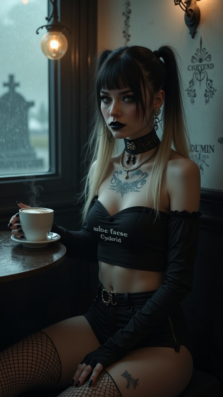 Young Woman in Dim Café with Unique Style and Tattoos