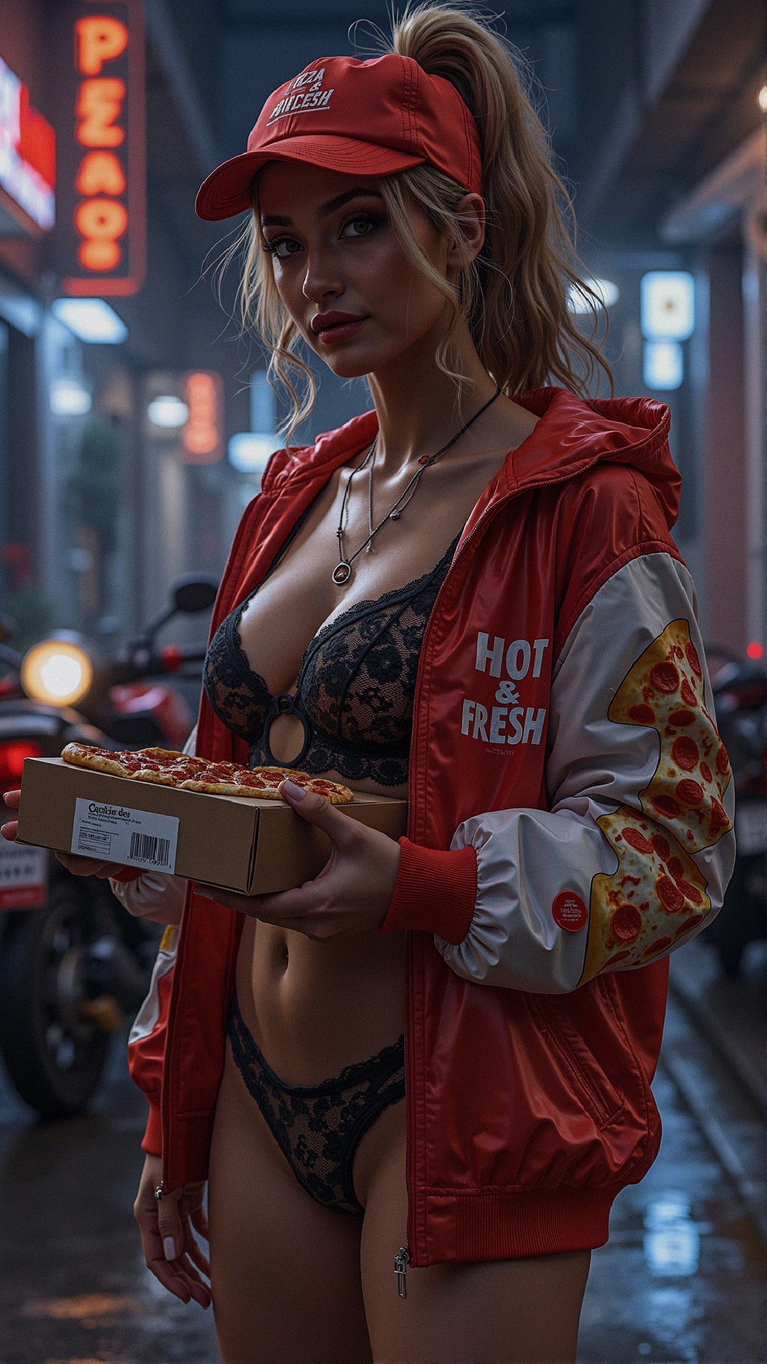 Young Woman in Pizza-Themed Outfit in Urban Night Scene