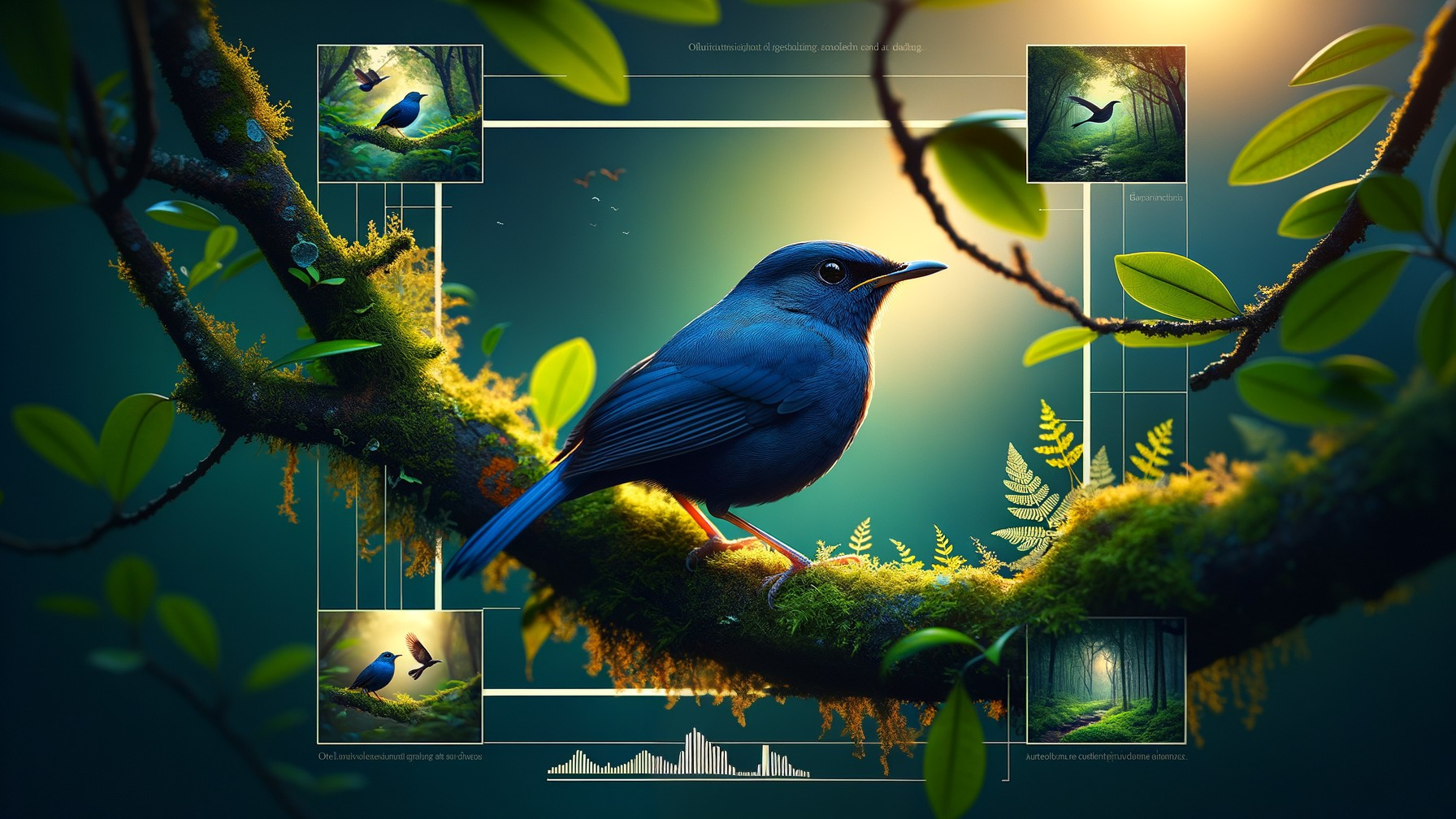 Vibrant Blue Bird on Mossy Branch in Enchanted Forest