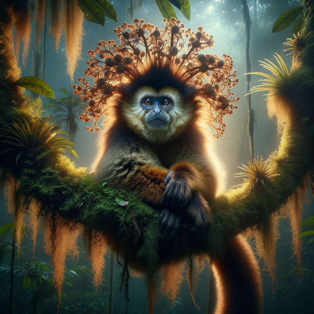 Gibbon in a Flower Crown Amidst Lush Jungle Scene