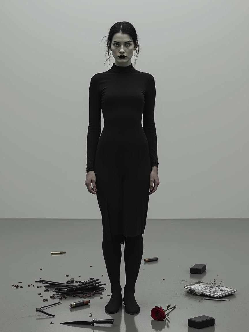 Sleek Black Dress on Gray Floor with Scattered Objects