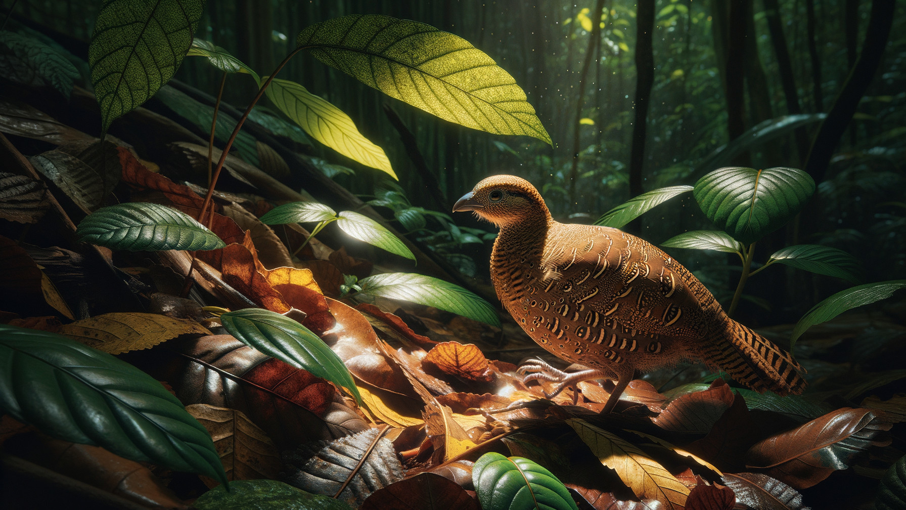 Detailed bird in a lush forest with vibrant greenery