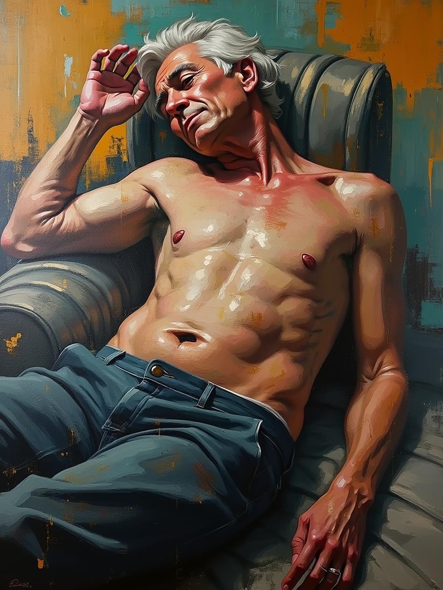 Older Man in Chair with Muscular Torso and Abstract Background