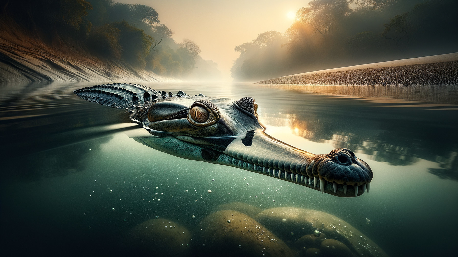 Prehistoric Crocodile in a Serene River Landscape