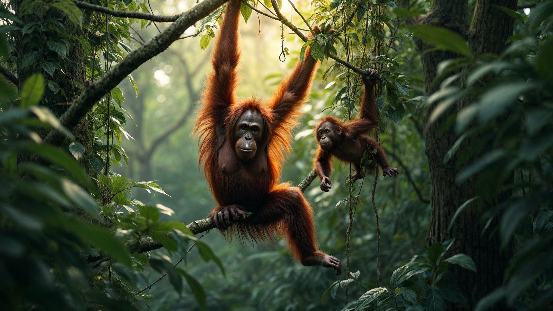 Orangutans Swinging in a Lush Rainforest Setting