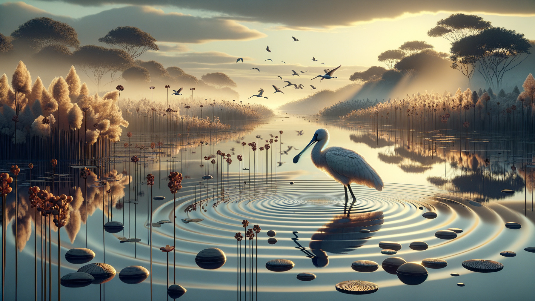 Tranquil River Landscape with Birds and Lush Plants