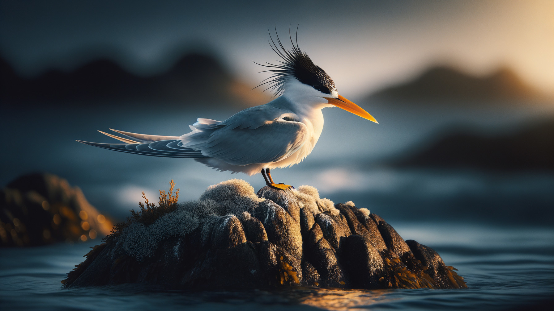 White Bird with Black Crest on Rugged Rock by Water