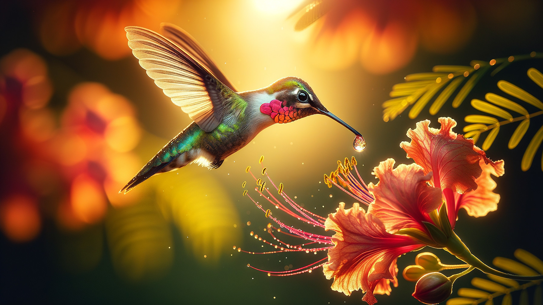Hummingbird Near Hibiscus Flower in Golden Light