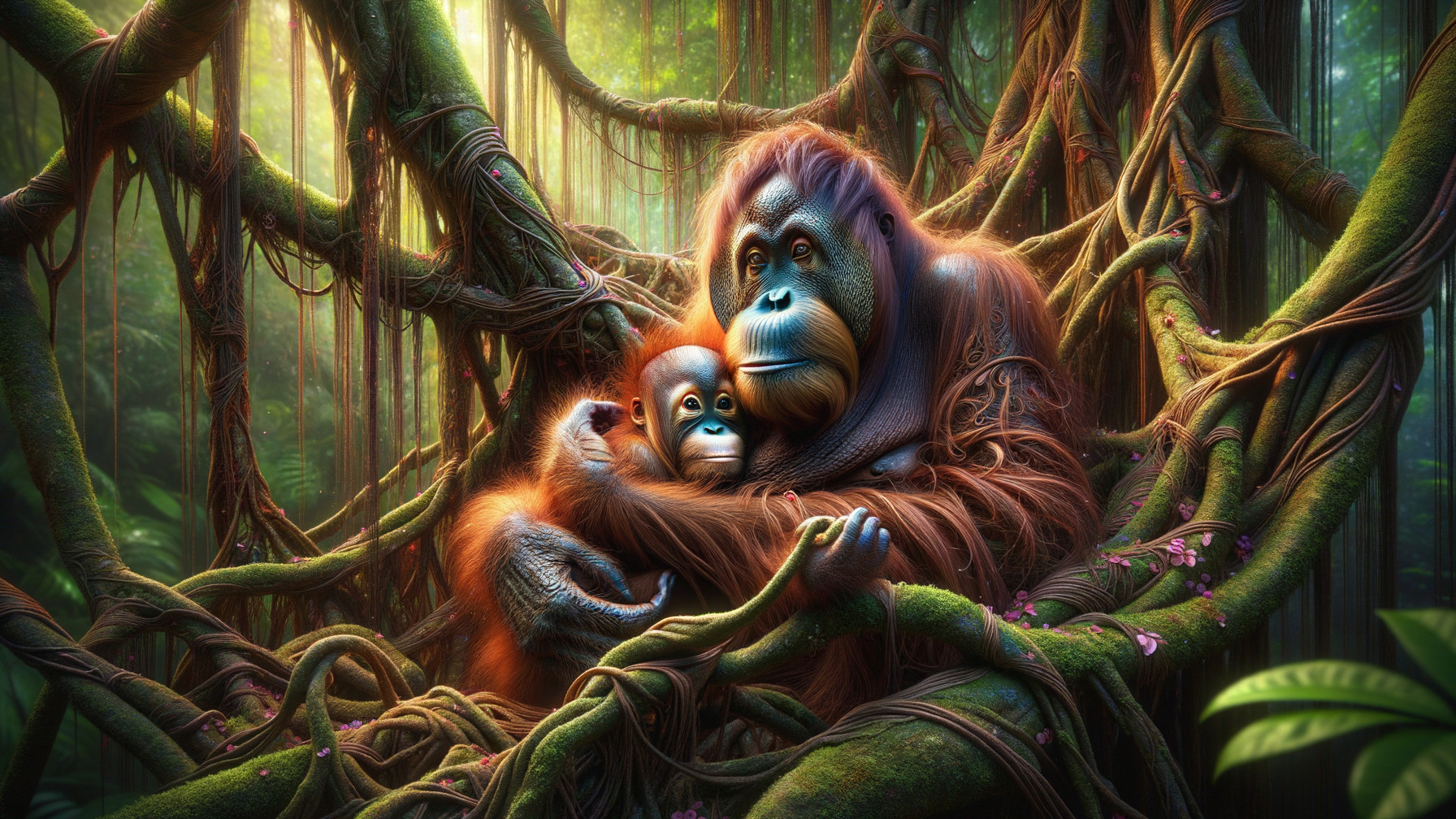 Mother Orangutan Embracing Baby in Lush Jungle
