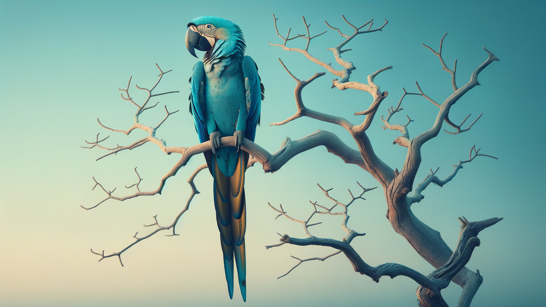 Vibrant Blue Macaw on Twisted Branch in Pastel Setting