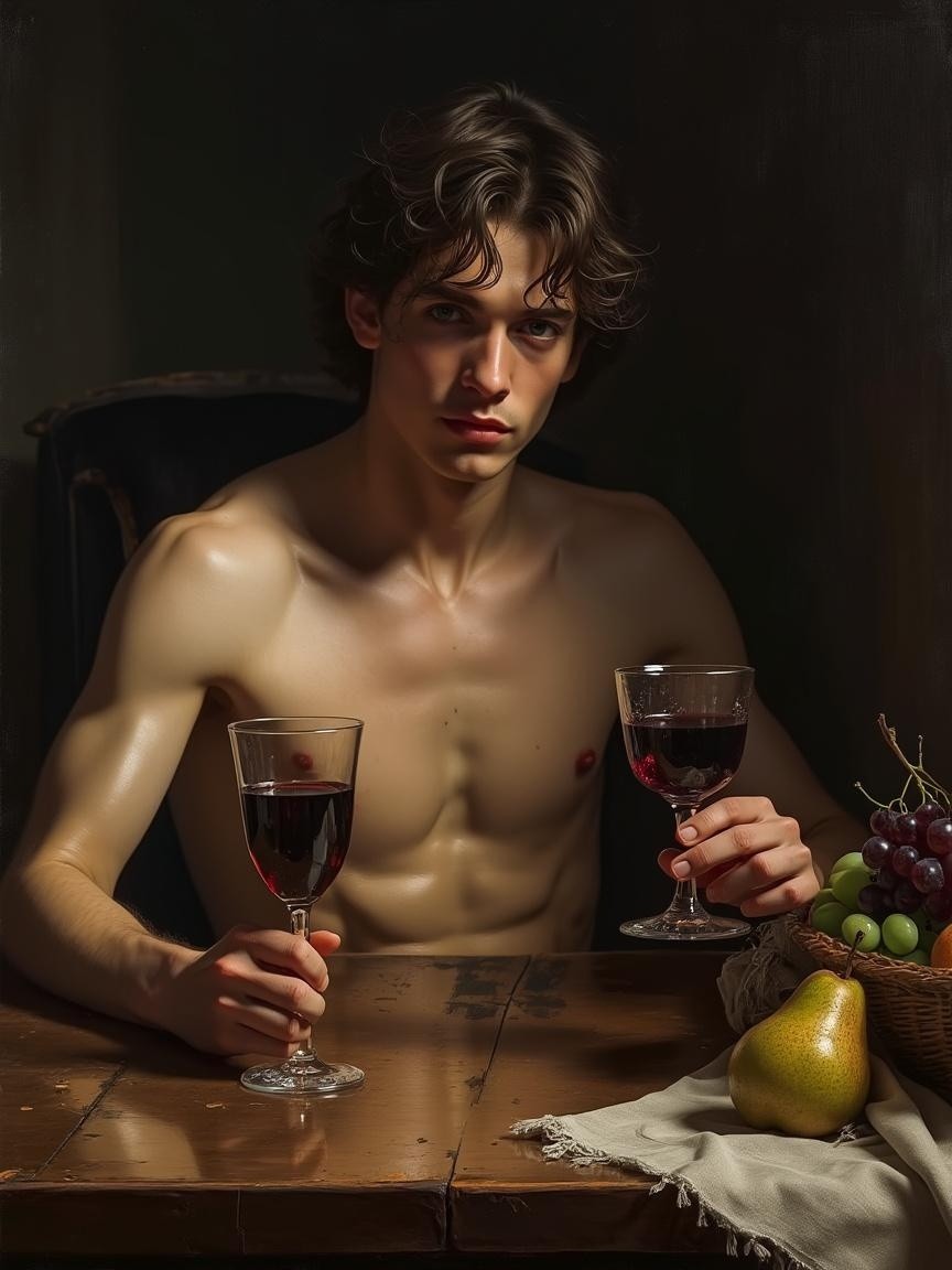 Young man with wine at table with fruit and dark backdrop