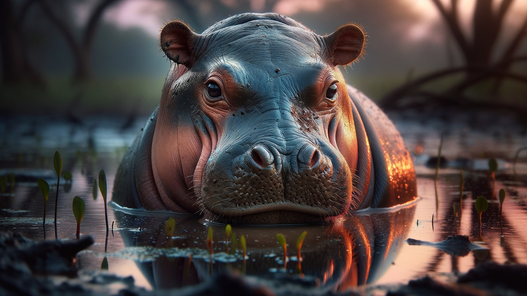 Close-up of a hippo in water with lush surroundings