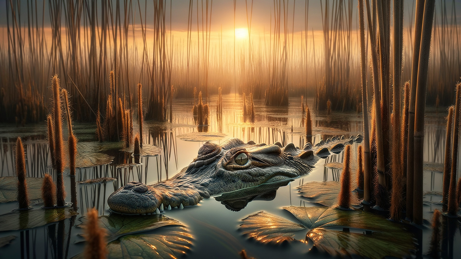 Crocodile in Dawn Light Surrounded by Reeds and Mist