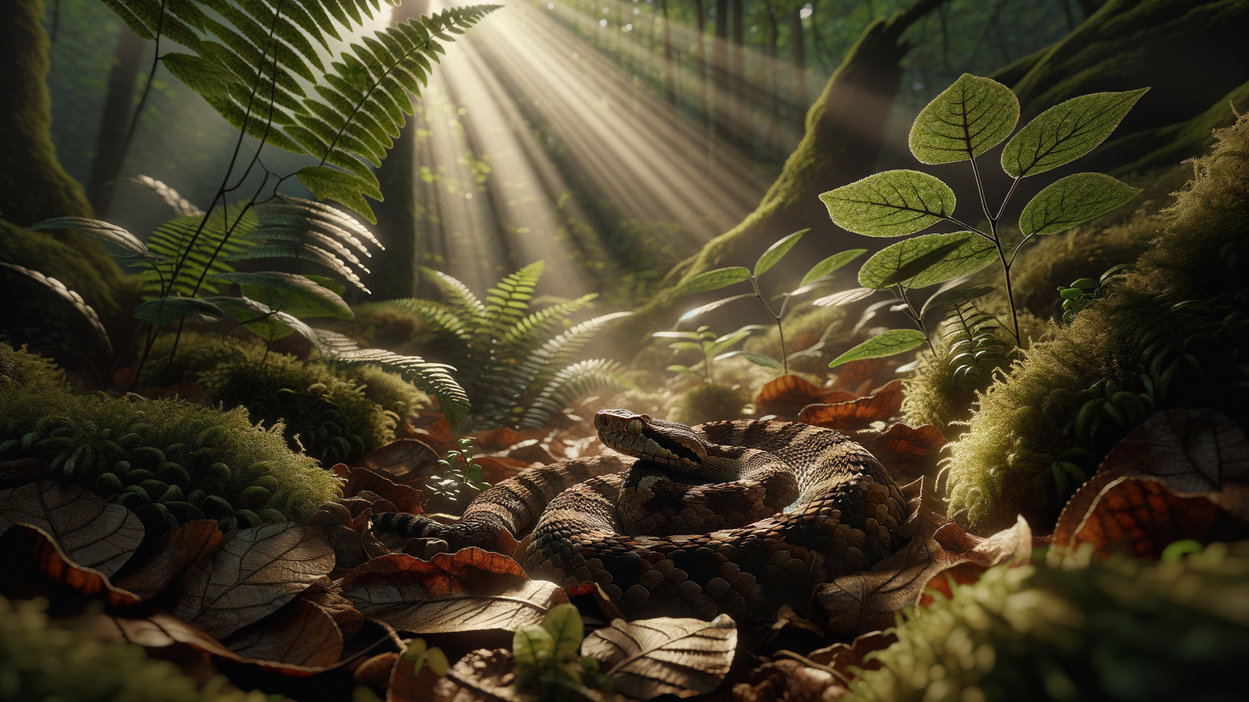 Close-Up of a Coiled Rattlesnake in Forest Setting
