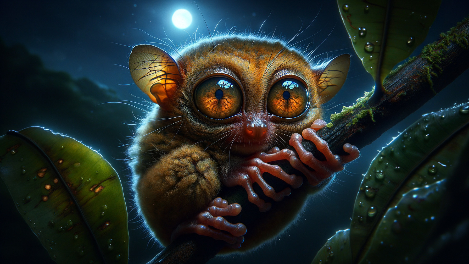 Moonlit Forest Scene with Furry Creature and Leaves