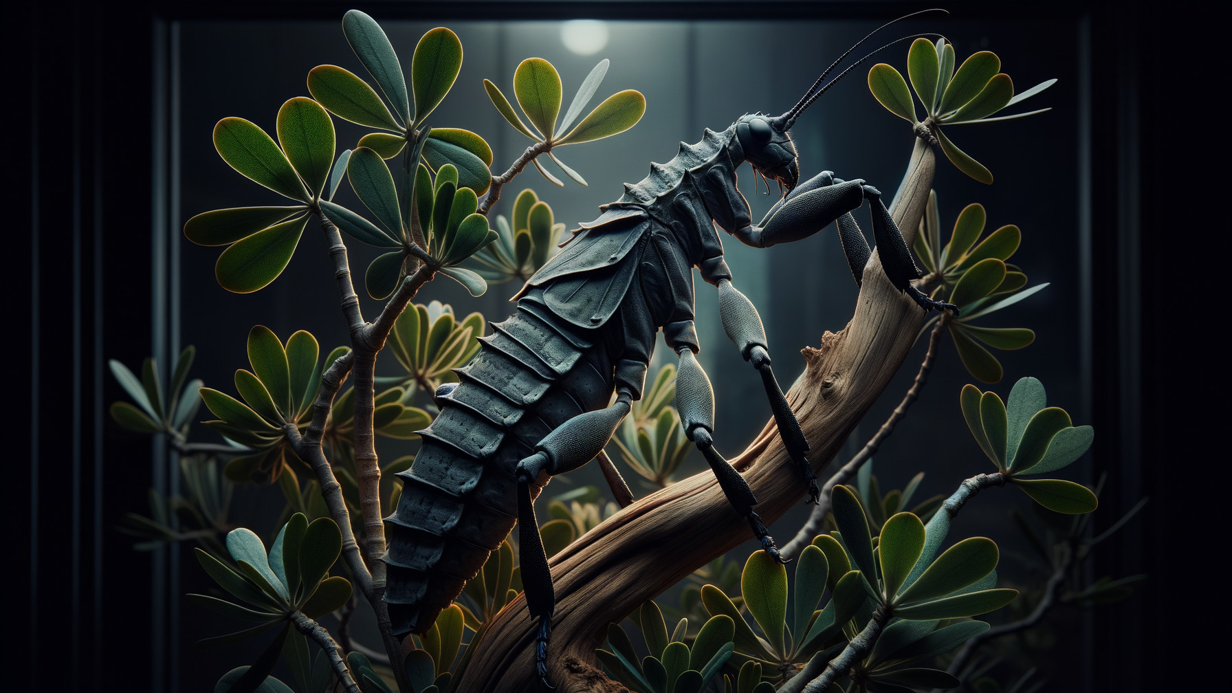 Close-up of a textured insect on a gnarled branch