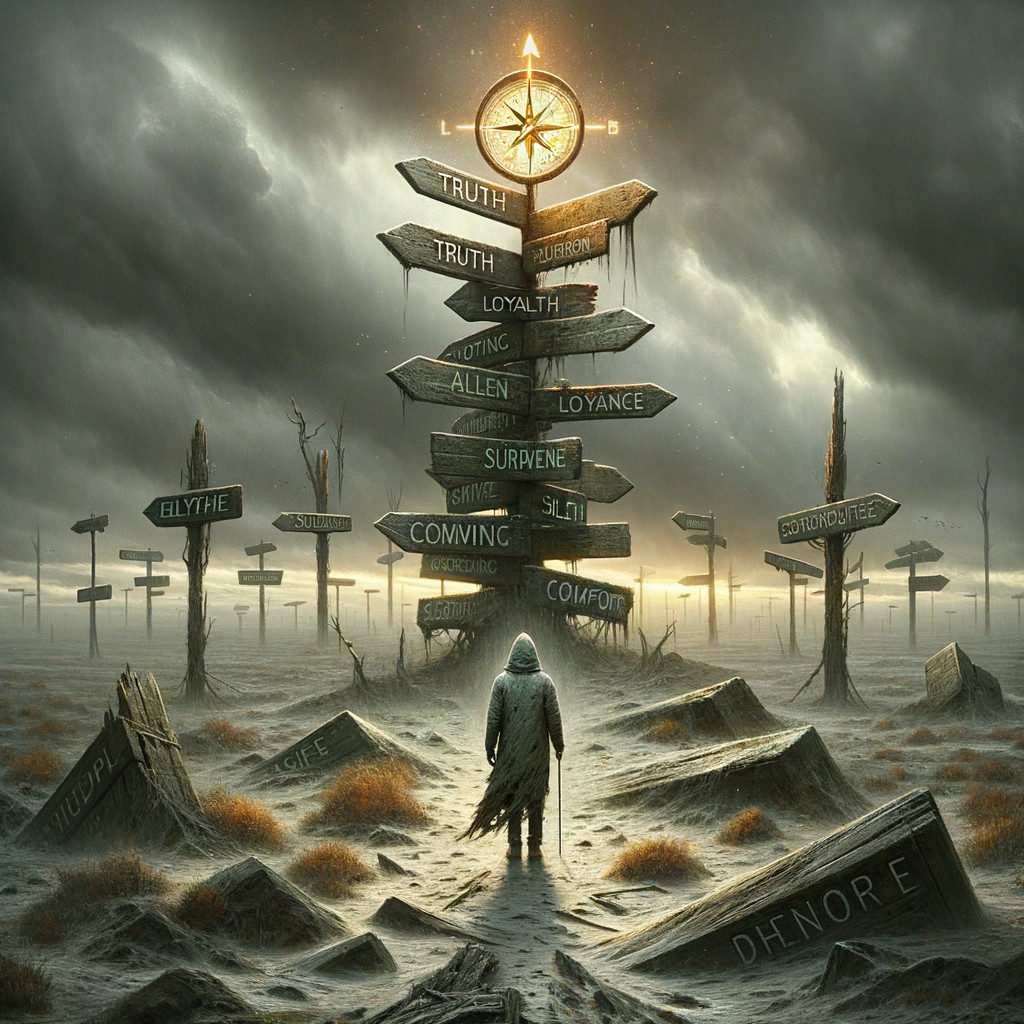 Cloaked Figure Among Directional Signs in Foggy Landscape