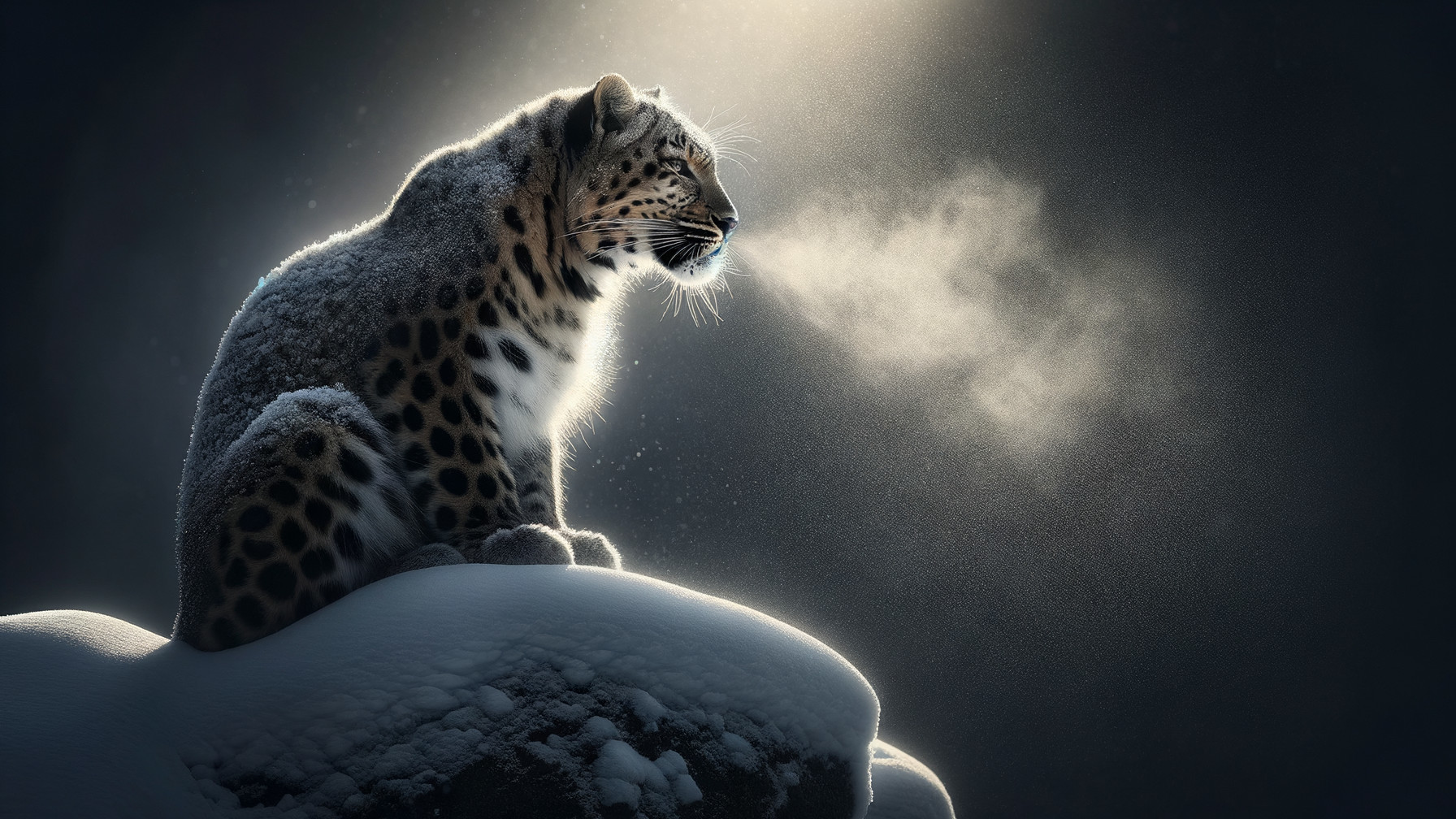 Snow Leopard on Snowy Rock in Winter Landscape