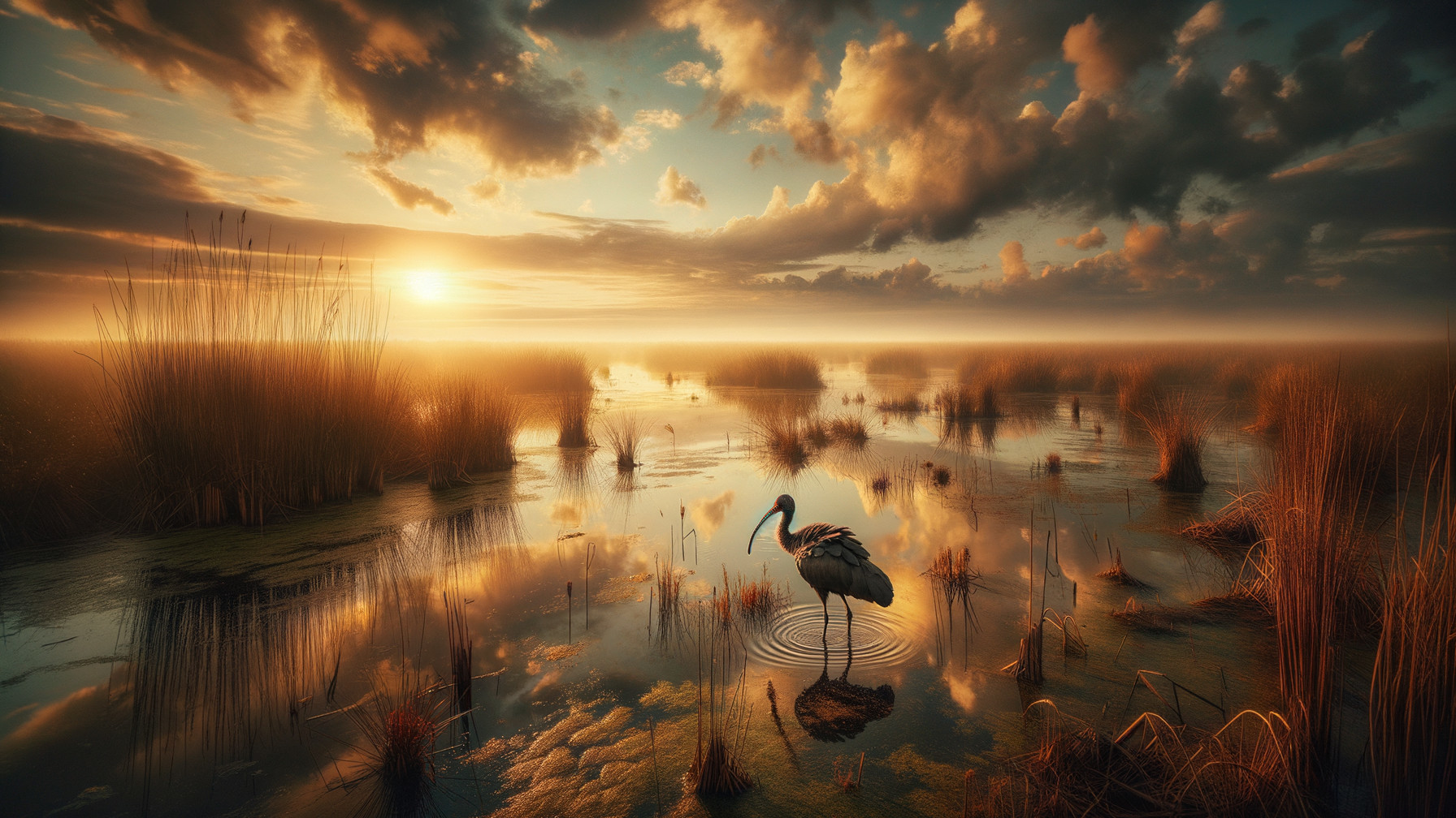 Serene Wetland Scene with Heron at Sunset