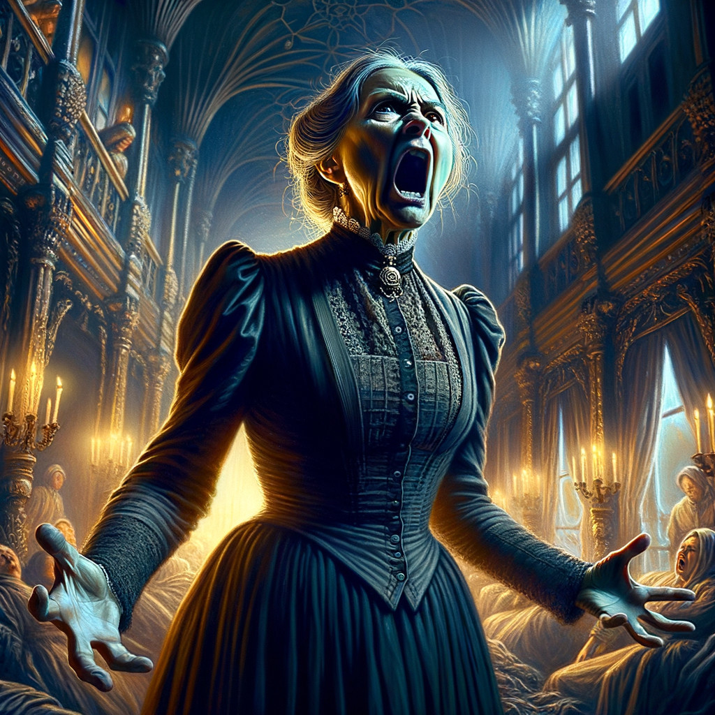 Gothic Scene of Woman in Victorian Attire Screaming