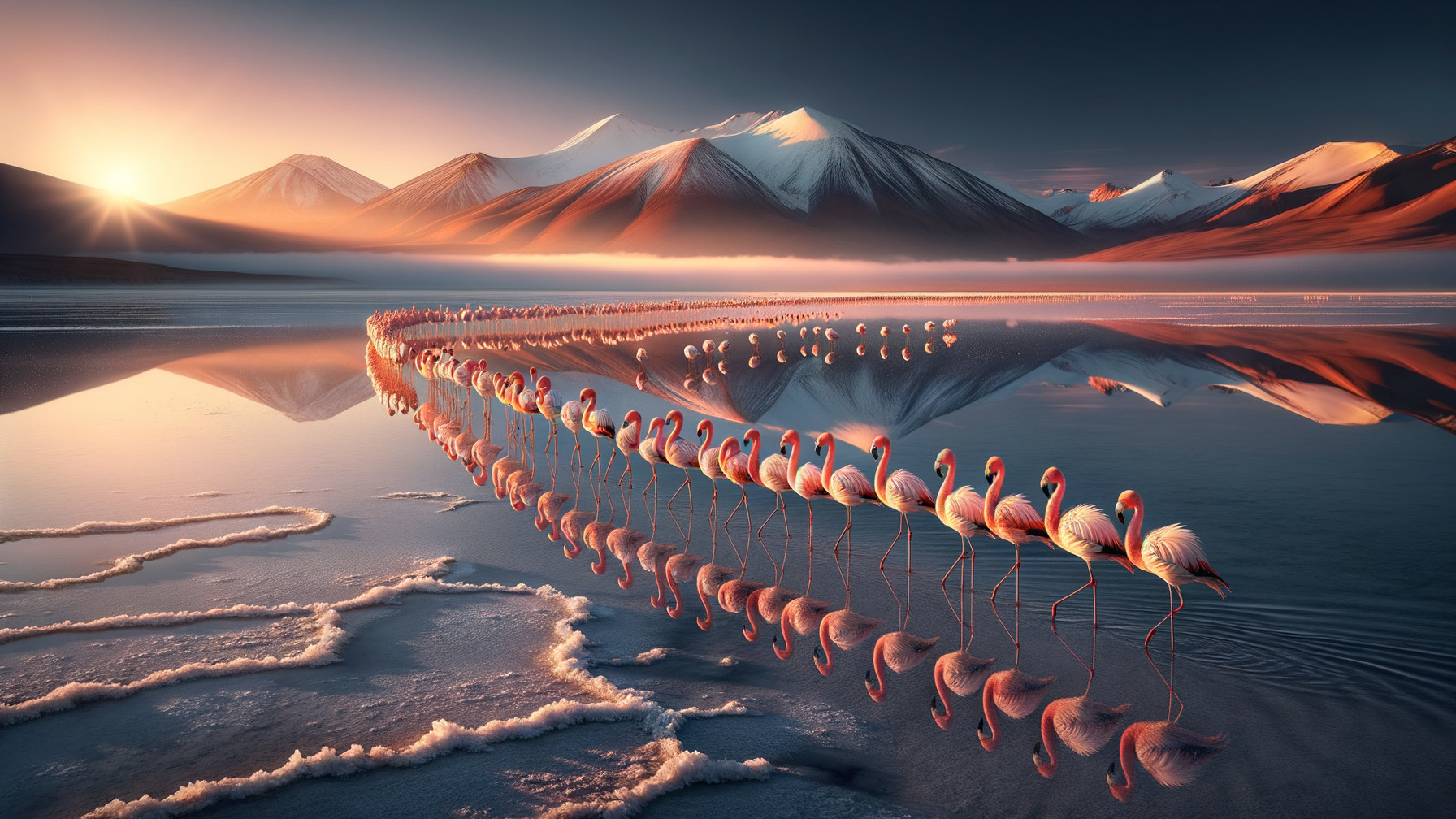 Serene Sunrise Landscape with Flamingos and Mountains