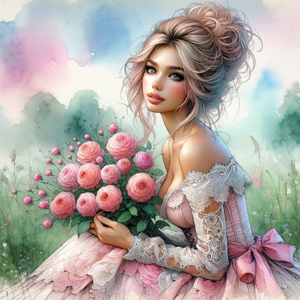Young Woman in Pastel Landscape with Pink Roses
