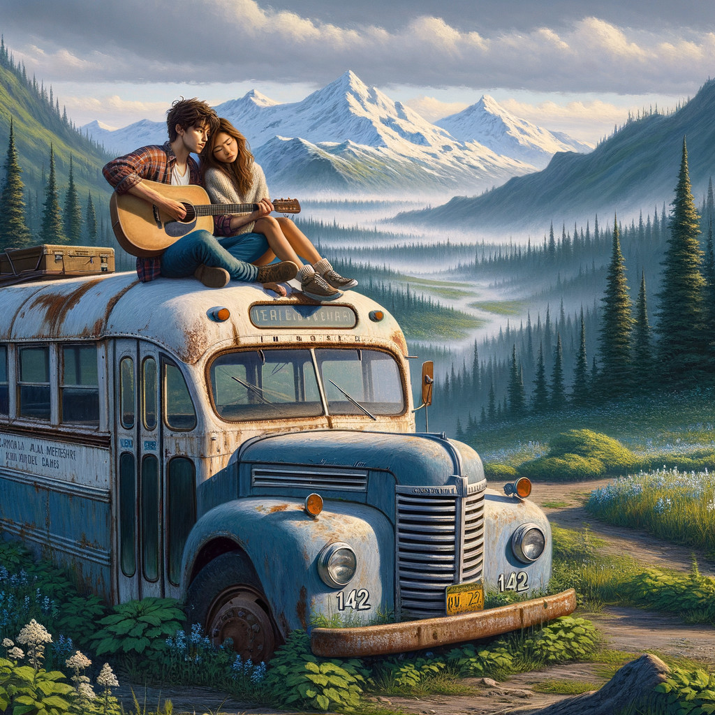 Vintage bus in serene landscape with couple and mountains