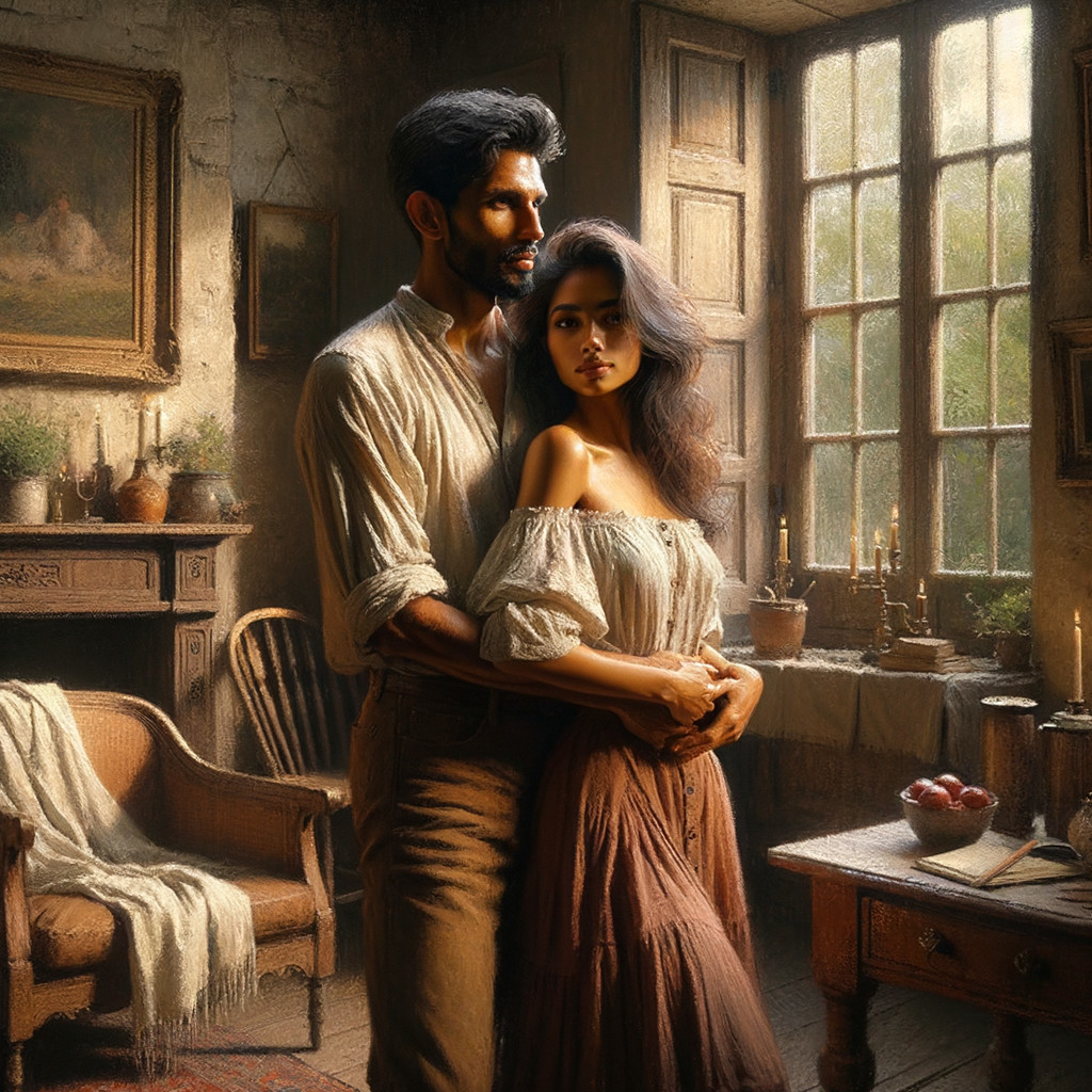 Couple in Rustic Room with Vintage Decor and Intimacy