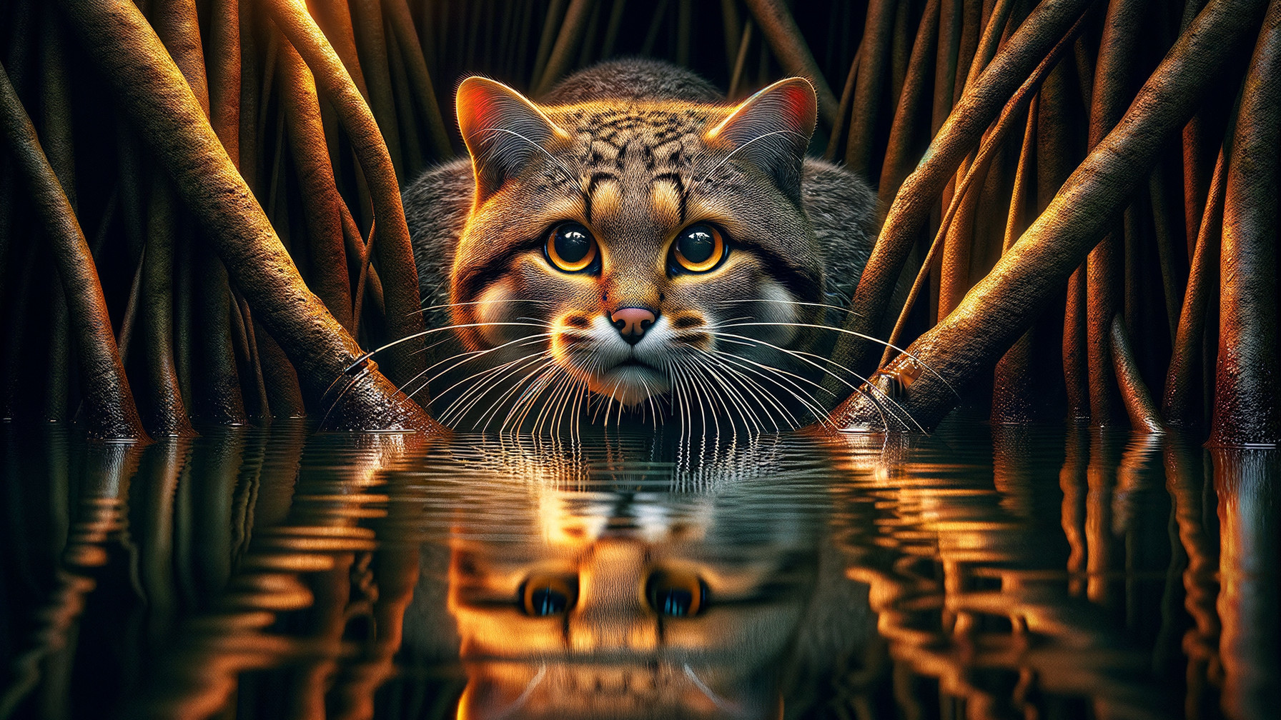 Wild Cat Observing Through Tree Roots in Tranquil Setting