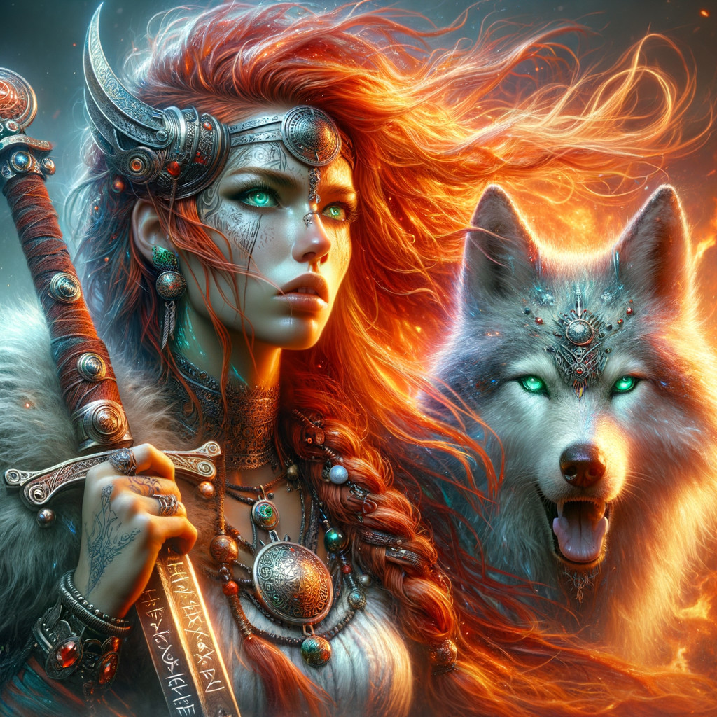 Fierce warrior woman and glowing wolf in fantasy scene
