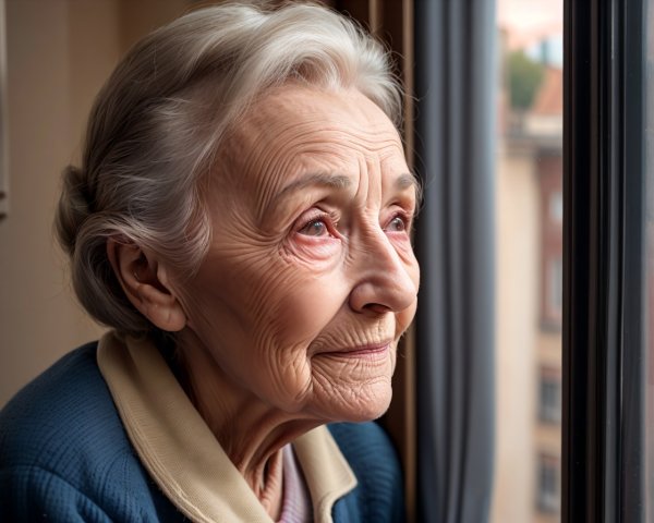 Elderly Woman Gazing Thoughtfully Out of a Window