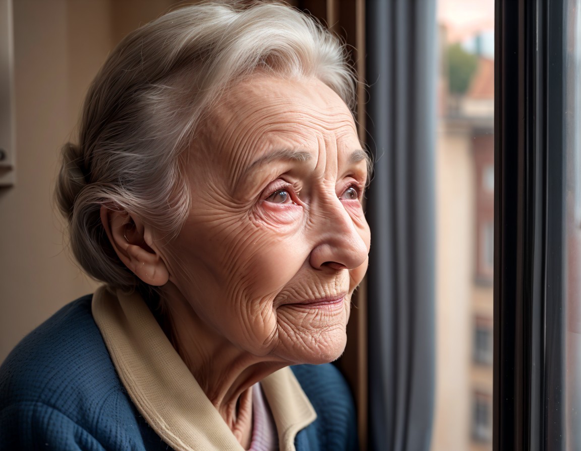 Elderly Woman Gazing Thoughtfully Out of a Window