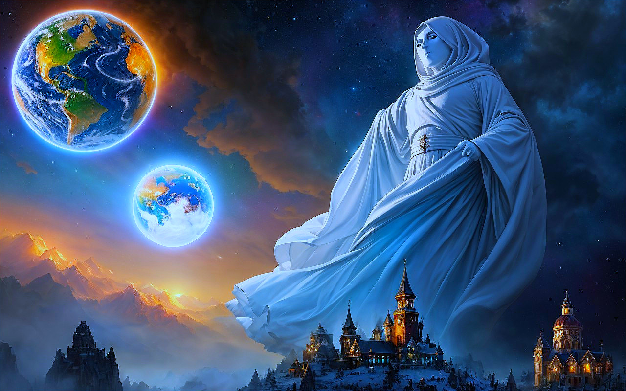 Cosmic Entity Observing Earth with Fantasy Kingdom Below