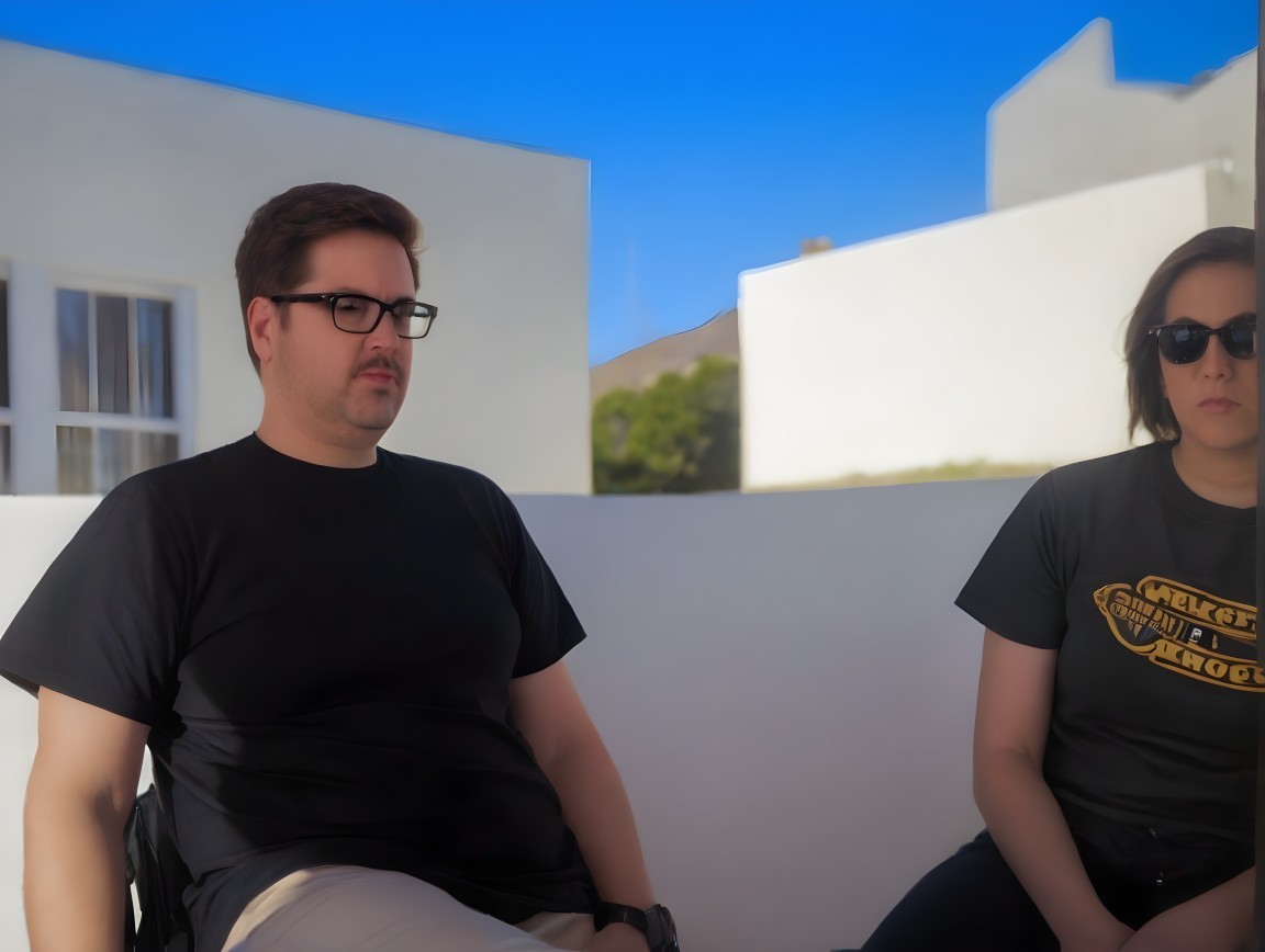 Two individuals in black shirts outside with white buildings and blue sky.