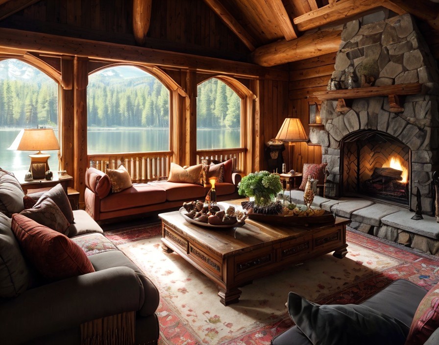 Rustic cabin interior with stone fireplace, lake view, plush sofas, warm lighting, and decorative