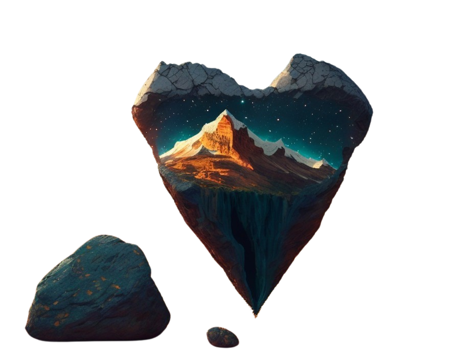 Heart-shaped floating island with mountainous landscape under starry night sky