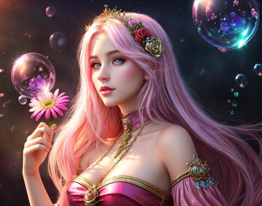 Ethereal figure with pastel pink hair and flowers