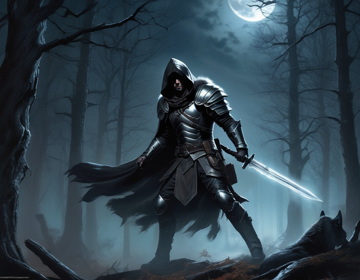 Hooded Warrior and Wolf in Misty Moonlit Forest