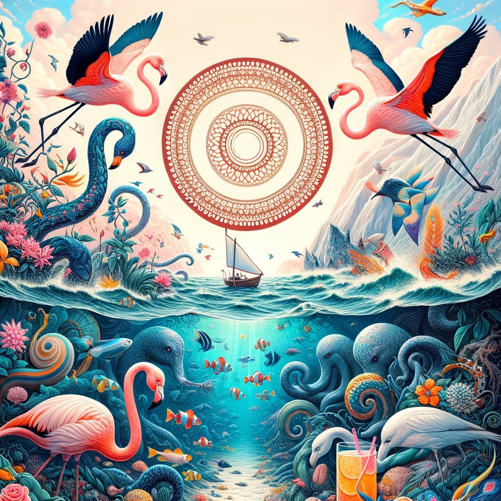 Surreal Landscape with Flamingos and Underwater Scene