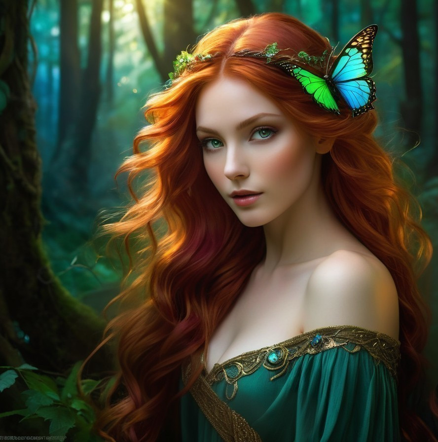Young woman in green dress with butterfly in forest