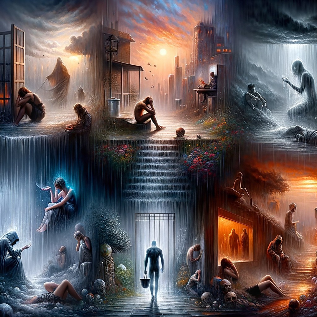 Surreal Landscape with Themes of Solitude and Transformation