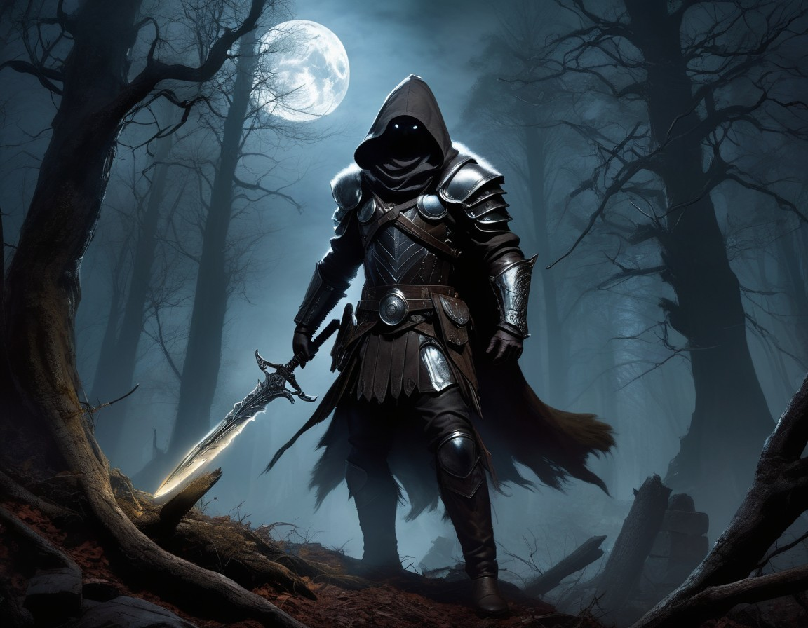 Mysterious Warrior in Moonlit Eerie Forest Scene