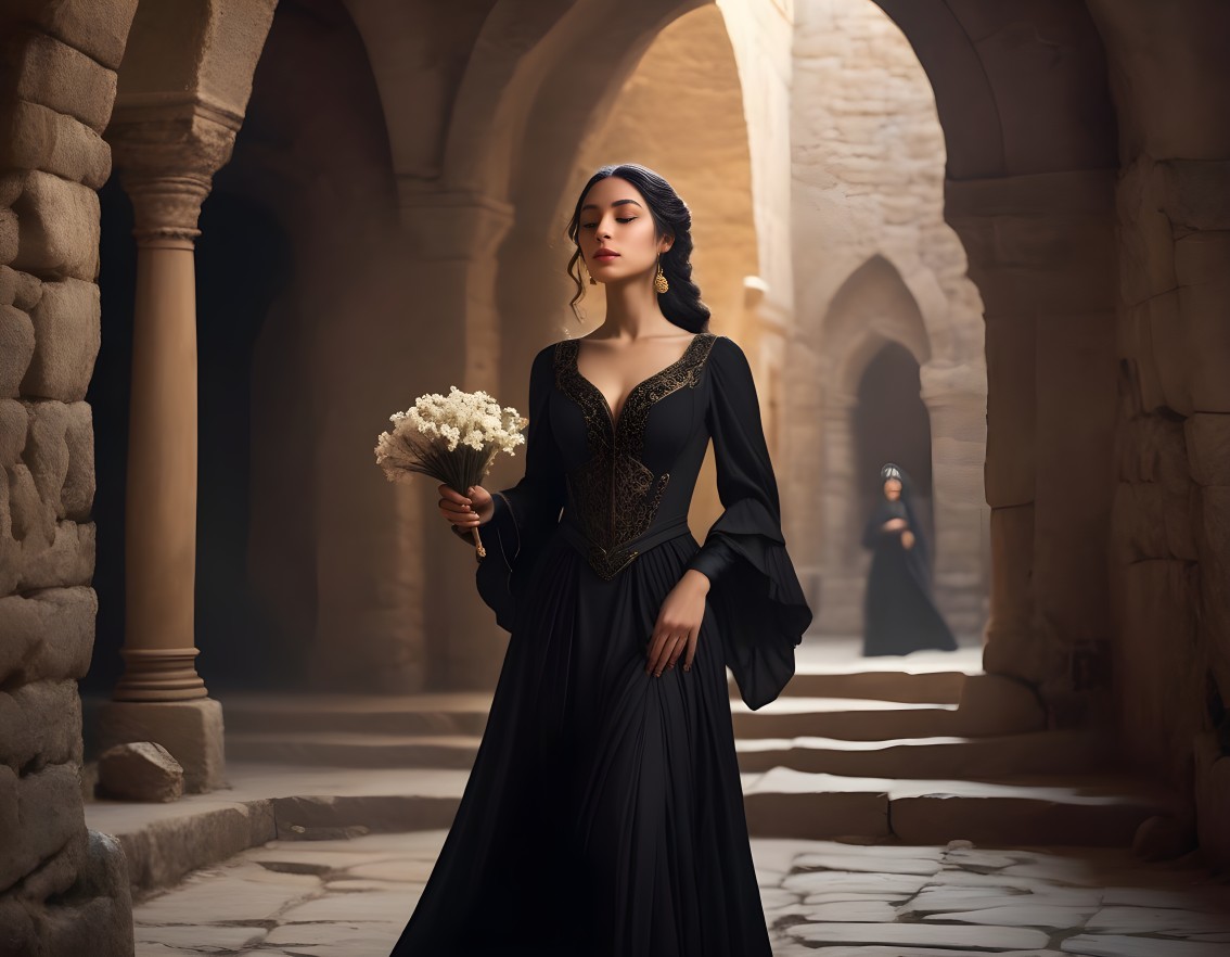 Woman in Black Gown with White Flowers in Corridor