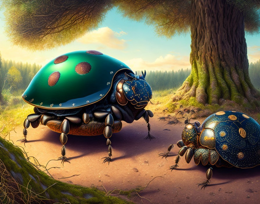 Ornate Mechanical Beetles with Jewel-like Embellishments in Forest