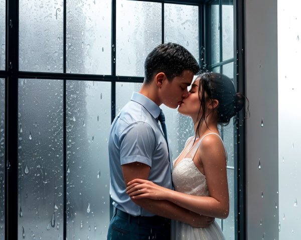 Romantic couple kissing by rain-streaked window