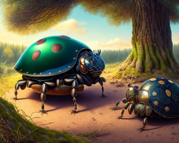 Ornate Mechanical Beetles with Jewel-like Embellishments in Forest